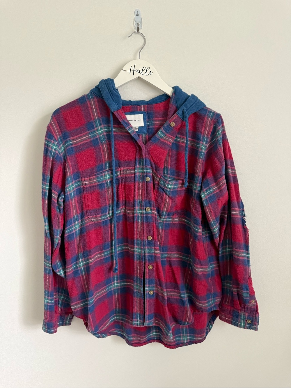 American Eagle Outfitters Red & Blue Plaid Hooded Button-Down Shirt